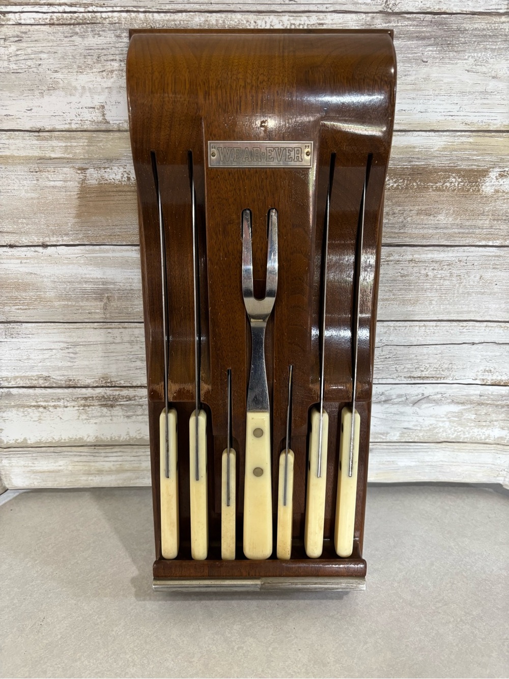 Vintage complete set of Wear-Ever knives in holder with sharpener